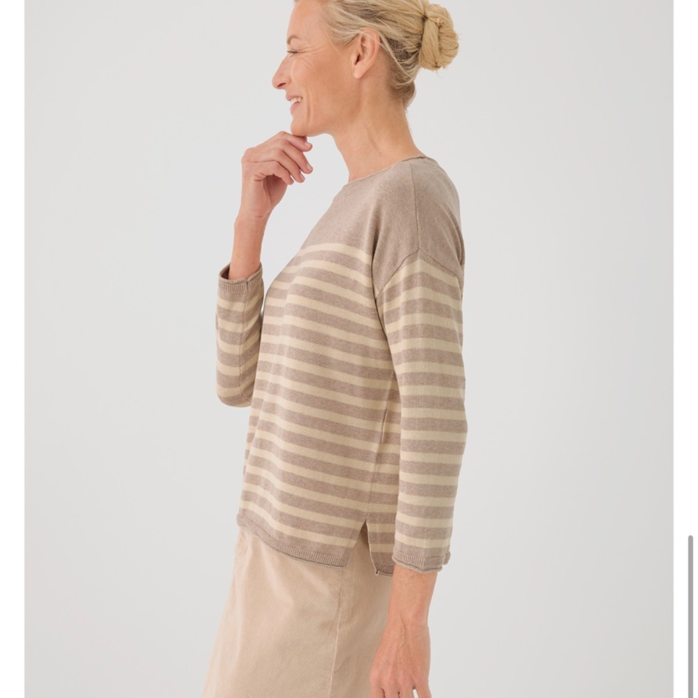 NWT Pact 100% Organic Cotton Classic Fine Knit Oat Stripe 3/4 Sleeve Sweater - Picture 6 of 13